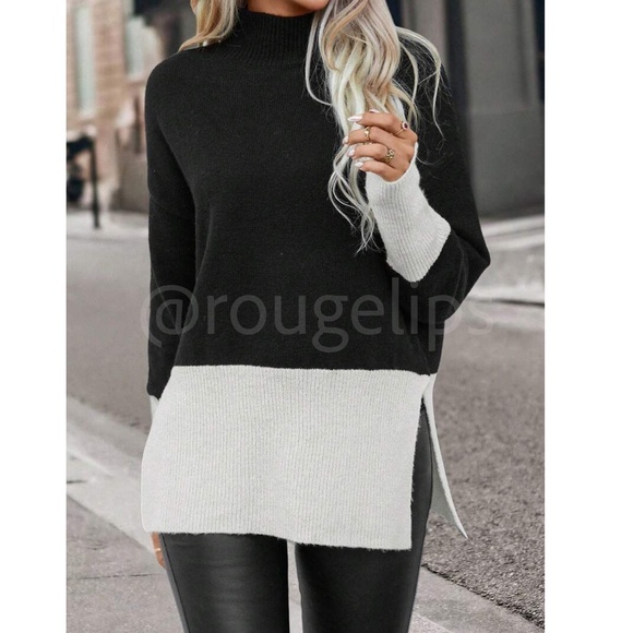 2 Tone Colorblock Sweater Pullover Black & Off White Knit Long Sleeve Side Slits - Picture 3 of 8
